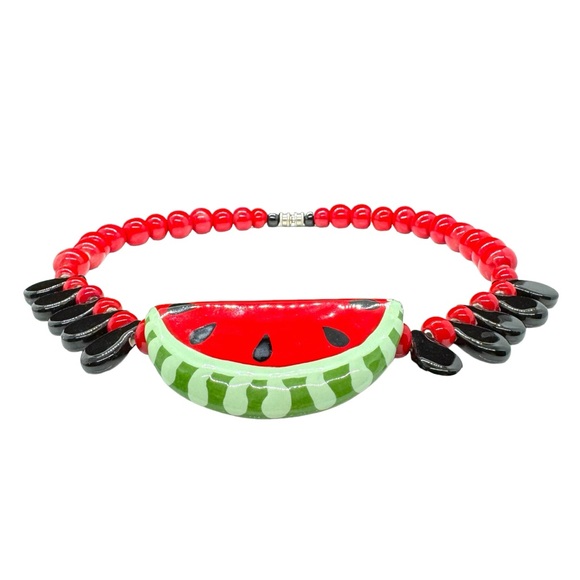 Signed Flying Colors & Book Piece Ceramic Bead & Watermelon Seed Slice Necklace - Picture 5 of 8